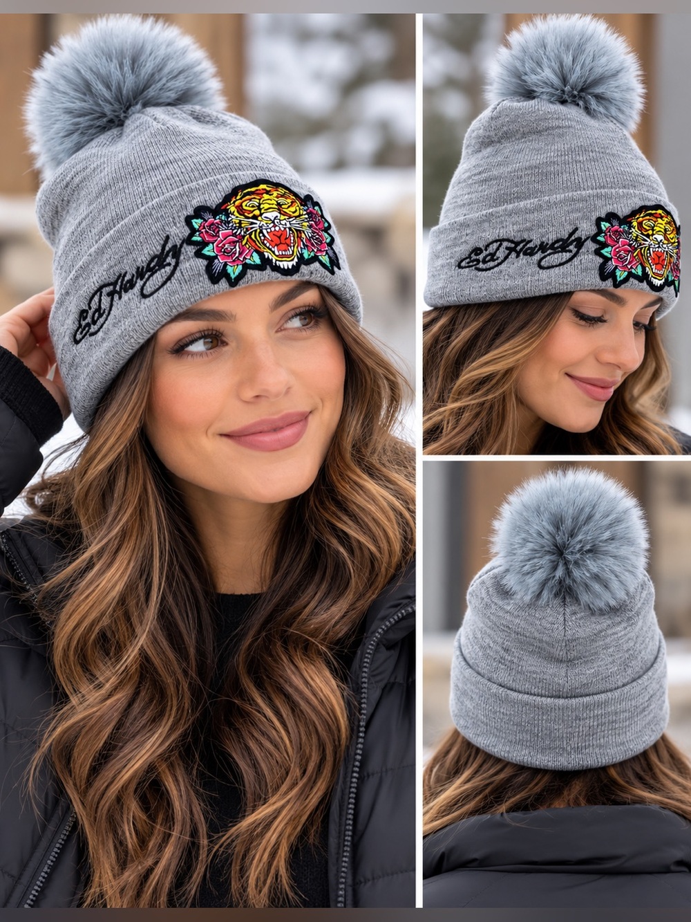 Ed Hardy Tiger Rose Embroidered Pom Pom Beanie Gray NWT One Size Y2K
